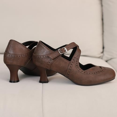 Women's Brown Classic Leather Stacked Heel Dress Round Toe Elegant Office Pumps3