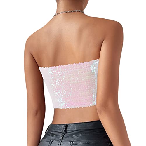 Novia's Choice Women's Shiny Sequin Tube Top Strapless Stretchy Crop Tops Clubwear For Raves Party(White) #TOP3
