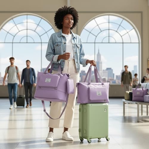 Image of Nylon 41 Liter Expandable Travel Bag for Women, Stylish Duffle Bag for Travelling, Waterproof Luggage Hand Bag (Purple)