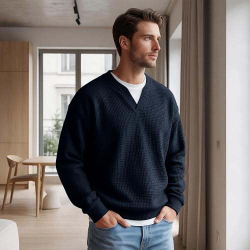 Mens Waffle Knit Layered Top Long Sleeve V Neck Casual Shirts Fall Outfits - image 2