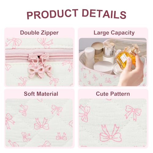 GISMTR Makeup Bag, Quilted Bow Cosmetic Bag, Large Travel Aesthetic Make up Bag, Cute Coquette Toiletry Pouch for Women Girls — view 2