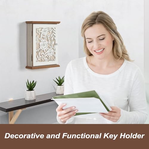 Wooden Key Holder, Decorative Wall Mount, Farmhouse Style, 6 Key Hooks, White