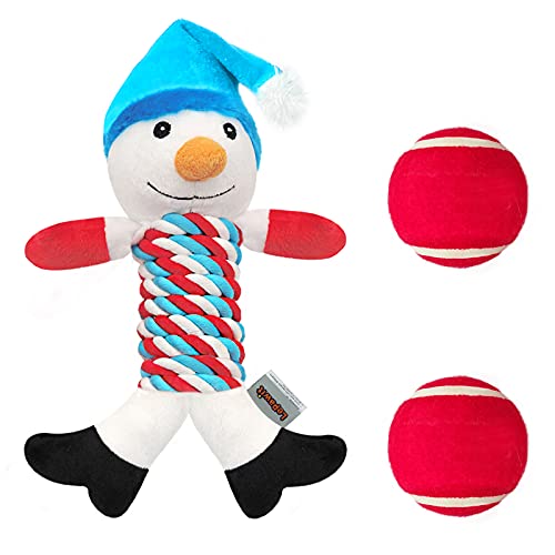 Lepawit Christmas Dog Toys for Small Medium and Large Dogs, Squeaky Dog Chew Toys with Crinkle & Rope, Durable Puppy Teething Chew Toys, Including Snowman Dog Toy & 2 Tennis Balls