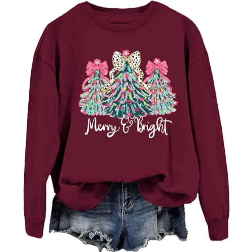 Image of Christmas Sweatshirts for Women Merry and Bright Sweatshirt Christmas Trees Pullover Xmas Holiday Tops (US, Alpha, X-Large, Regular, Regular, Wine Red)