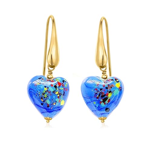 Handmade Murano Glass Heart Earrings for Women, Gold-Plated Drop Earrings, Lightweight Romantic Jewelry for Women, Anniversaries, Birthdays, Everyday Wear,Gift for Her