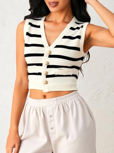 Women's Striped Crop Sweater Vest Dressy Casual Button Down V Neck Knit Work Sweaters3