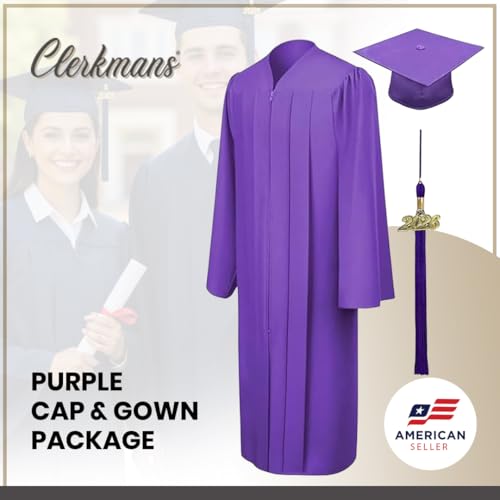 Image of CLERKMANS Unisex Matte Graduation Cap Gown Tassel Package, High School and University