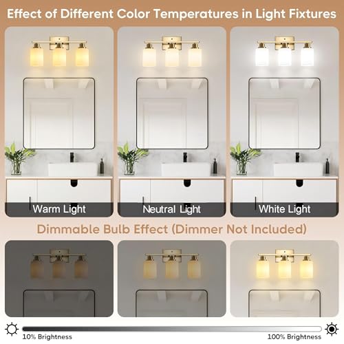 Image of Ascher Bathroom Light Fixtures, 3-Light Vanity Light Over Mirror, Gold Wall Sconces with Milky White Frosted Glass Shades, Wall Lamp for Living Room Bedroom, E26 Base(Bulbs Not Included)