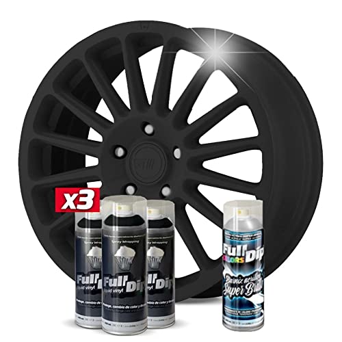 FULL DIP - Pack Llantas Vinilo Líquido 3 Sprays Negro + 1 Spray Brillo - 400 ml. Unidad