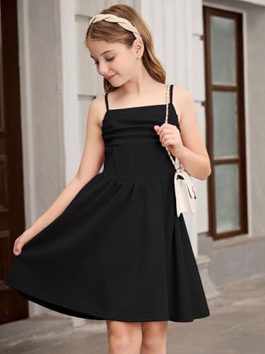 OYOANGLE Girl's Spaghetti Strap Ruched Ruffle Hem Sleeveless Summer Flowy Short Dresses3