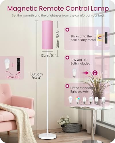 Image of Dimmable Floor Lamps for Living Room with Remote and Foot Switch, 64.4 inch Modern Standing Tall Lamp, Corner Lamp for Bedroom, Bulb Included, 3000K-6500K, FCC Listed, Pink and White WP06LD05W1