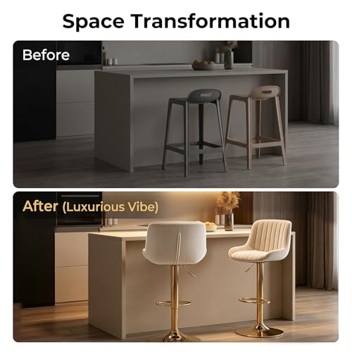 Image of ECHINGLE Velvet Bar Stools Set of 2 - Swivel Counter Height Barstools with Back & Adjustable Height, Modern Gold Kitchen Island Stools for Bar, Armless Pub Stools, Soft Beige Upholstered Seating