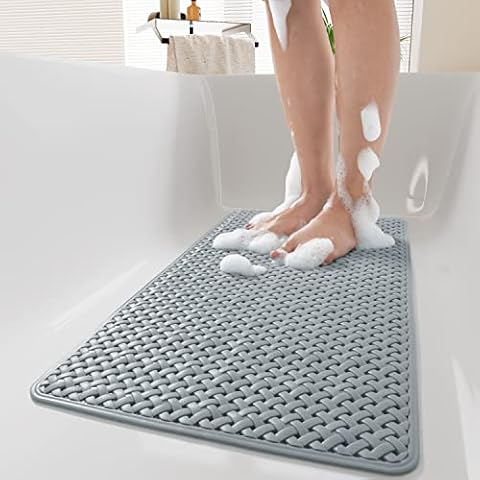 PADOOR Bathtub-Mat Non Slip with Suction Cups and Drain Holes, Machine Washable Shower Mat Anti Slip Bath Mat for Tub for Kids (14"x27" Gray) Cover