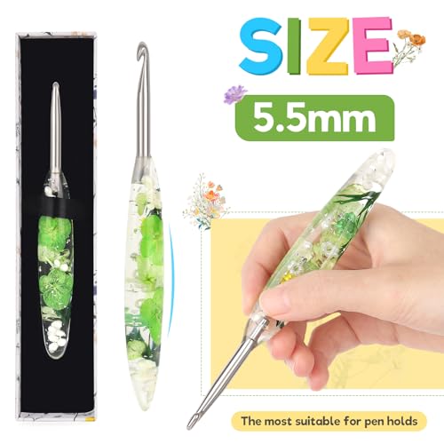 Image of Katech 5.5mm Crochet Hook for Arthritic Hands,Hand-Polished Stainless Steel | Ergonomic Crochet Hooks with Customized Sparkle Dried Floral Grip, Smooth Tapered Hook-Crochet Gift for Beginner & Crocheter