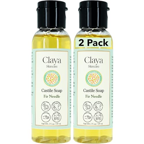 Image of Claya Fir Needle Liquid Castile Soap - Organic Ingredients, Biodegradable, Gentle for Sensitive Skin, Versatile Use and Travel size (2 Pack of 2 fl oz)