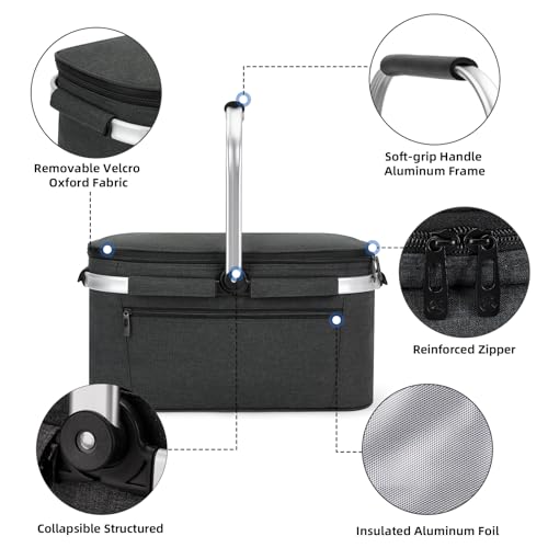 ALLCAMP Groß Faltbar Isoliert Kühltasche - Einkaufskorb Thermo Mit Deckel, Abnehmbarer Picknickkorb 2 Personen, Aluminiumrahmen Kühlkorb, Verdicken Thermokorb - Mit 2 Kühlakkus
