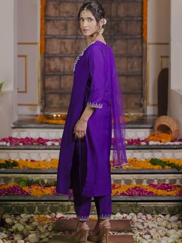 Image of INDO ERA Women's Silk Embroidered Straight Kurta With Pant & Dupatta Set