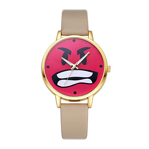 Jewelry Cute Red Angry Expression Faux Leather Band Round Quartz Wrist Watch Women Girls Gift,Colour Name:Rose Red (Color : Beig