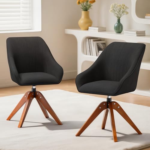Image of Magshion Mid Century Swivel Accent Chair Set of 2, 360° Rotating Fabric Armchair with Oak Wood Legs, Modern Reading Chair for Living Room, Bedroom, Office, or Study, Black