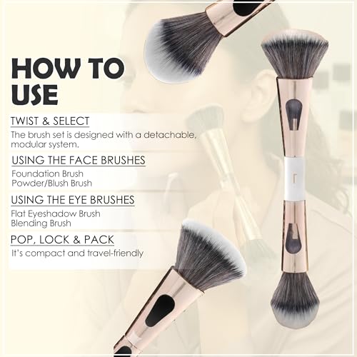 Image of GLUN 4in1 Makeup Brush Set, (2 Mini & 2 Big) Dual-Ended Soft Bristle Beauty Brushes Golden Chrome Finish with Elegant Flawless Face & Powder Application