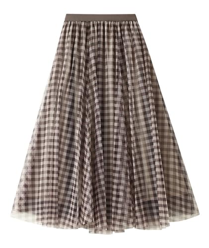 Womens Retro Plaid Tulle Skirts Trendy High Waisted A Line Pleated Layered Mesh Skirt for Party Prom