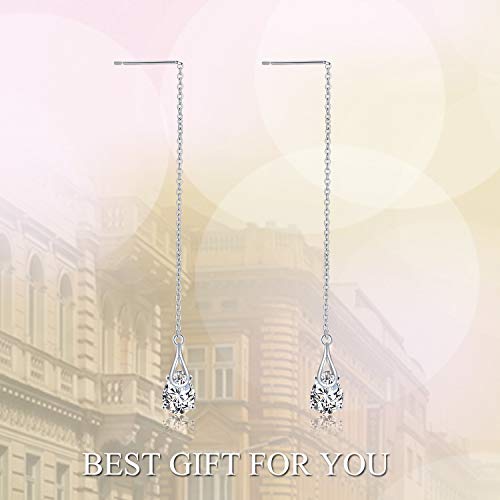 Threader Earrings Sterling Silver Teardrop Drop Pull Through Threader Earrings With Cubic Zirconia #TOP4