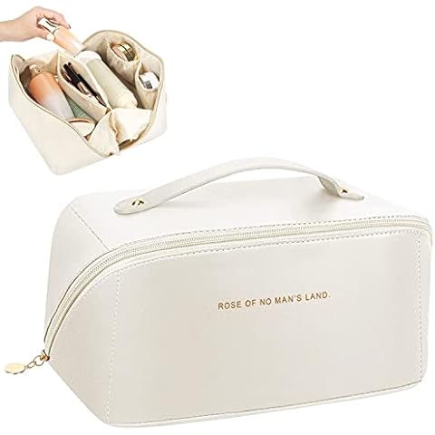 Large Capacity Travel Cosmetic Bag, Portable Cosmetic Bag Travel Makeup Bag Leather Cosmetic Travel Bag Waterproof Makeup Bag Toiletry Bags with Handle and Zipper (White) Cover