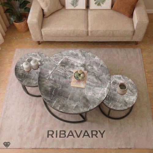 Image of Round Coffee Table Set of 3, Marble Laminated Accent Center Table with Sturdy Metal Base | Modern Foldable Nesting Stacking Tables for Living Room, Bedroom, or Apartments (Black - Grey)