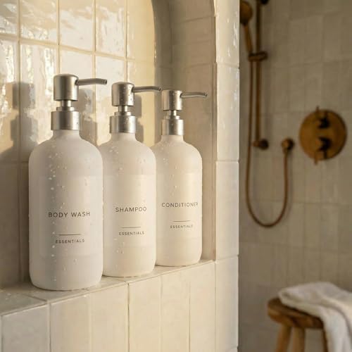 Stylish Shampoo & Conditioner Dispenser Set of 3 - White 21oz Bottles