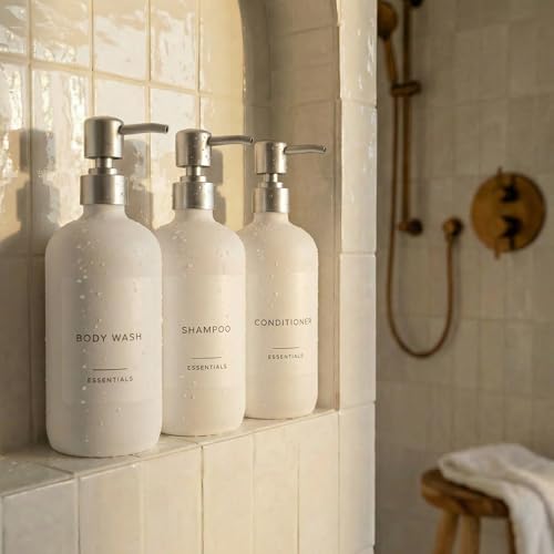 Image of Stylish Shampoo and Conditioner Dispenser Set of 3 - Modern 21oz Shower Soap Bottles with Pump and Labels - Easy to Refill Body Wash Dispensers for an Instant Bathroom Decor Upgrade - White
