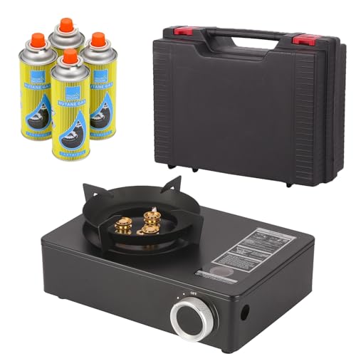 Compact Portable Gas Stove Burner - Camping Stove with Carry Case - Perfect for Outdoor BBQs, Picnics, Travel Cooking - Windproof Camp Stove, Cooking Grill, Propane Burner - Gas Stove + 4 Gas