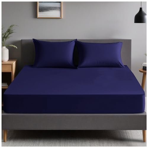Plain Dyed Bedding Fitted Bedsheets, Soft & Comfy Double Bed Sheet, Breathable Non Iron Percale Sheets, Navy