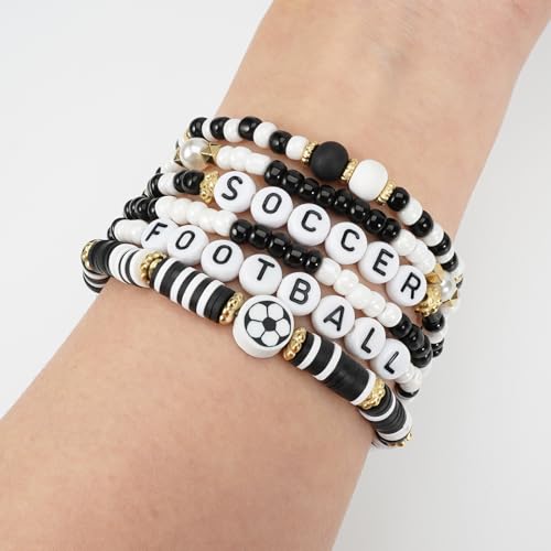 Image of Football Baseball Soccer Beaded Bracelets for Women Stackable Game Day Sports Theme Bracelet