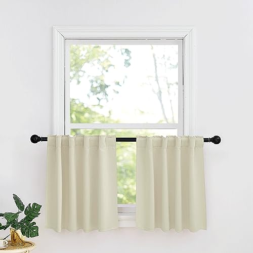 Image of RYB HOME Small Window Curtains - Blackout Insualting Privacy Curtains for Kids Bedroom Kitchen Bathroom Basement Cafe Cabinet Tiers Drapes, 34 Width x 24 Length, 2 Panels, Beige