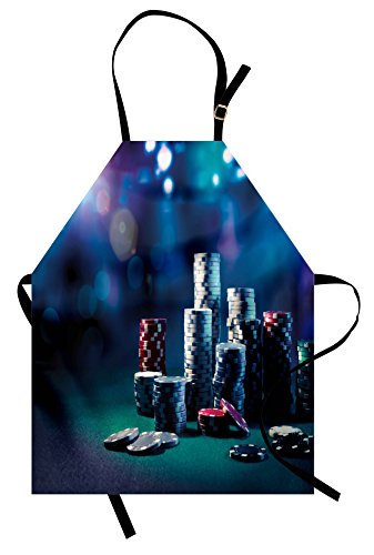 Lunarable Poker Tournament Apron, Gaming Table Poker Chips Dramatic Display Vegas Leisure Art Print, Unisex Kitchen Bib with Adjustable Neck for Cooking Gardening, Adult Size, Dark Blue