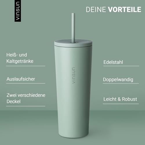 VINSUN Thermobecher mit Strohhalm 720ml - Edelstahl, auslaufsicher, doppelwandig isoliert - Heiß & Kaltgetränke - Kaffee Trinkbecher mit zwei Deckeln für Reisen, Uni 2