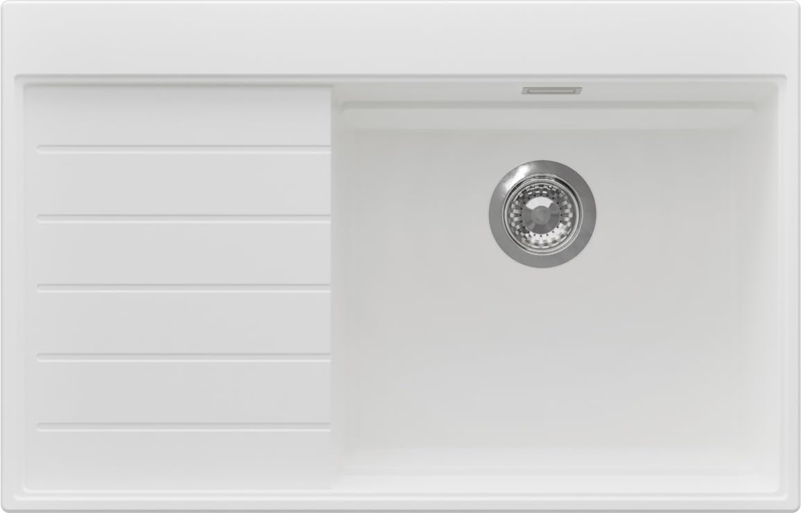 PRIMAGRAN Evier Cuisine en Granit Blanc 78x50cm, Lavabo 1 bac + Kit de Vidage, Évier à Encastrer au Meuble 50cm - Sydney S293