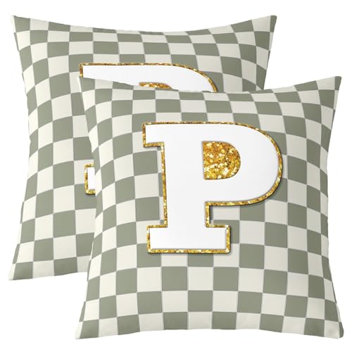 Image of Erosebridal Sage Green Checkered Throw Pillow Covers 18x18 Set of 2 Plaid Initial P Cushion Cover Personalized Monogram Throw Pillow Case for Bed Couch Sofa Fashion Grids Gingham Home Decor