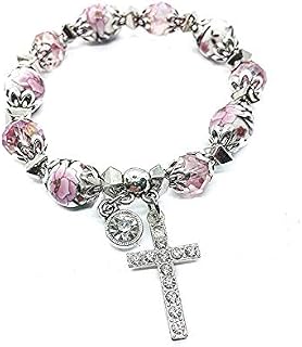 Nazareth Store Rosary Bracelet Christian Charm Crystallized Pink Beads Decorated with Flowers and Silver Cross
