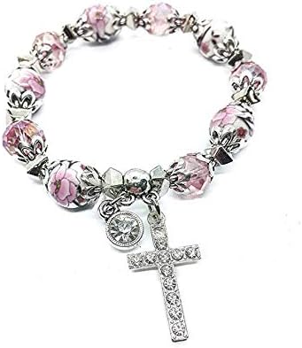 Nazareth Store Religious Cross Bracelet Christian Classic Beaded Bangle with Pink Crystal Beads Sacred Gift for Teen Girls Jewelry for Women & Men