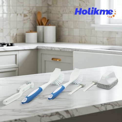 Image of Holikme Cleaning Brush Set, Scouring Pad for Cleaning, Groove Gap Brushes for Pot, Pan, Kitchen Sink, Wire Brushes (Azul)