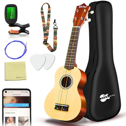 Everjoys Soprano Ukulele Beginner Pack-21 Inch w/Free Online Lesson Gig Bag Digital Tuner Pick All...