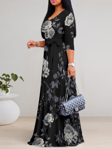Image of PinkPatty Plus Size Maxi Dress for Women Casual V Neck 3 /4 Sleeve Boho Printed Long Dress with Pockets