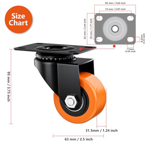 Image of 2.5 Inch Caster Wheels, Casters Set of 4 Heavy Duty, Orange Polyurethane (PU) Casters, Industrial Swivel Top Plate Castor Wheels for Workbench /Furniture /Cart (Pack of 4)