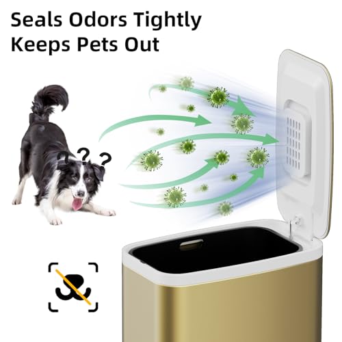 Image of KdbK Champagne Gold Bathroom Trash Can with Lid Soft Close,1.6 Gallon Slim Garbage can,Small Metal Step Wastebasket for Office, Bedroom, Toilet, Live Room