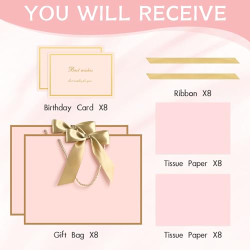 Image of JMANNI Gift Bags with Handles, 13 inch Medium Gift Bag for Presents, 8 Pcs Bags with 16 Tissue Paper and 8 Cards for Baby Shower Wedding Bridal Shower Mother's Day Birthday Party(pink-gold)
