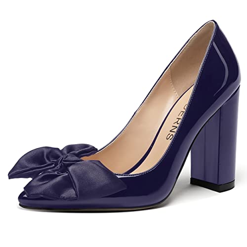 WAYDERNS Women's Dress Wedding Solid Patent Slip On Pointed Toe Bow Block High Heel Pumps Shoes 4 Inch