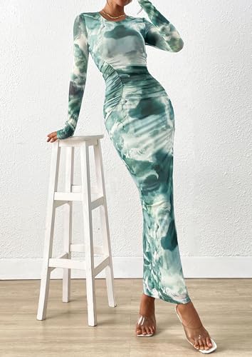 PRETTYGARDEN Fall Wedding Guest Dresses for Women 2025 Long Sleeve Ruched Sexy Bodycon Floral Mesh Cocktail Party Maxi Dress