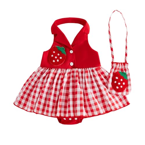 Image of JCOPLY Cute Newborn Summer Outfit Baby Girl Halter Romper Dress Strawberry Applique Sleeveless Lapel Bodysuits Plaid Skirt Hem with Mini Crossbody Bag (Red, 9-12 Months)