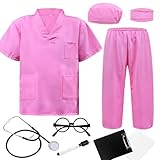 Picture of ZZIHAN Kids Doctor Costume Pink Medical Scrubs Outfit with Stethoscope, Mask & Cap & Glasses,for Halloween, Career Day & School Play, Pretend Play, Nurse, Dentist & Vet Dress-Up for Boys & Girls 5-6